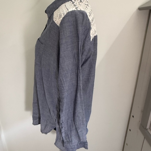 Rebellion Blue and White Casual Button Down Shirt with Lace Detail - Picture 5 of 5